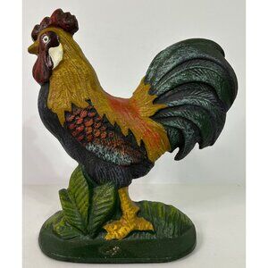 Cast Iron Colorful Rooster Doorstop 8.5" Tall Country Farmhouse Cottage Cabin